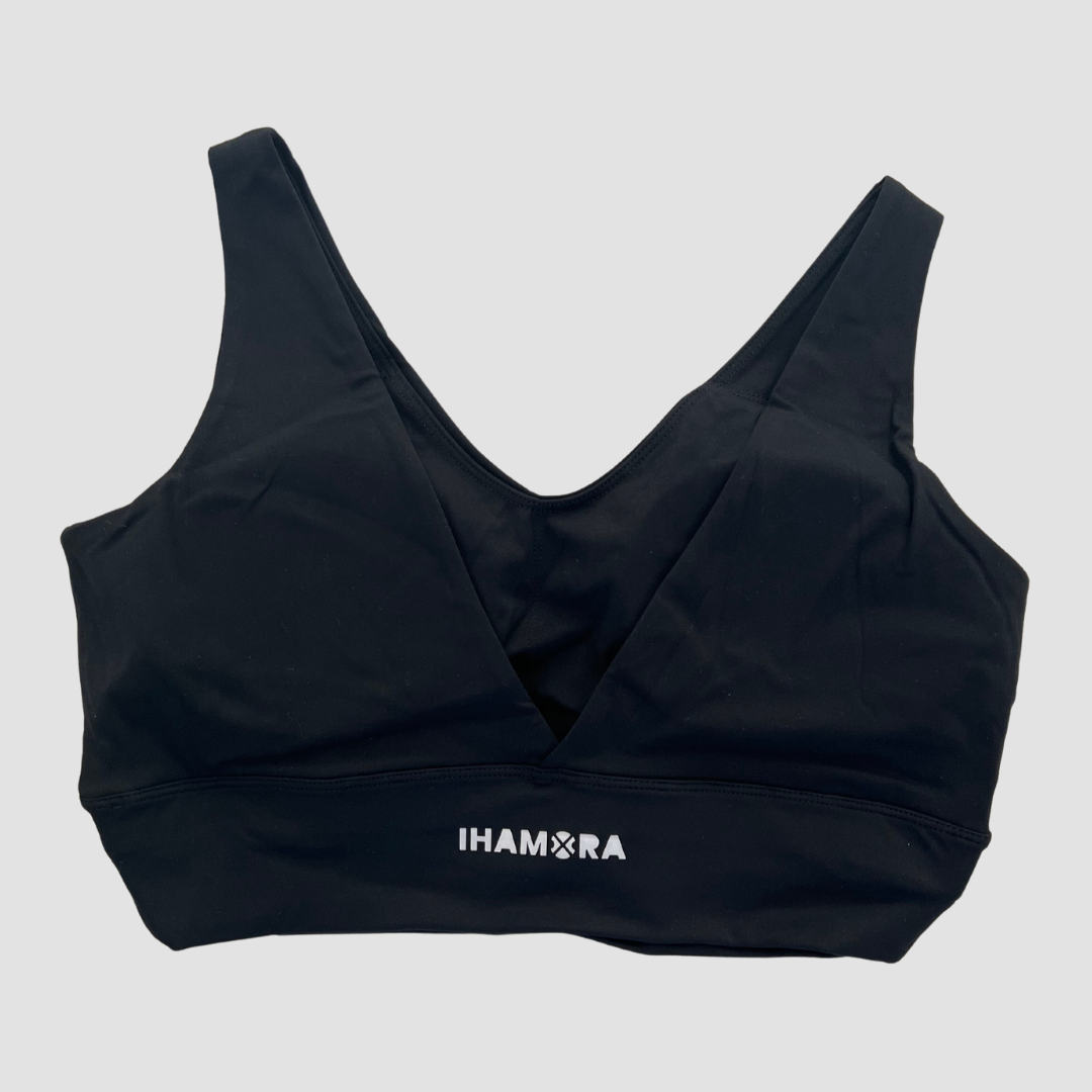 Black V-neck sports bra, IHAMORA activewear.