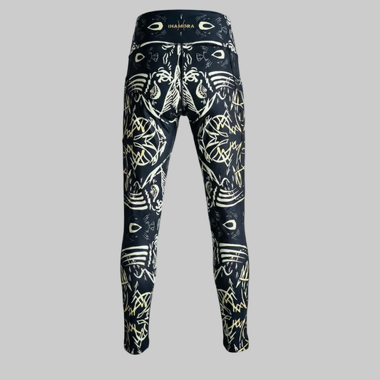 Patterned leggings with a brand logo on a white background