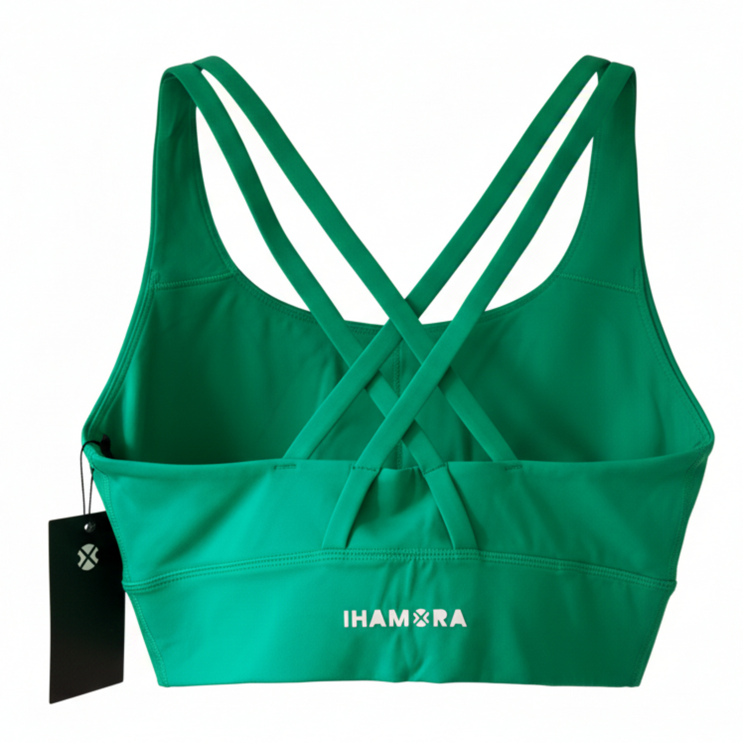 Green sports bra with criss-cross straps on a white background, featuring the brand 'Ihamora'.