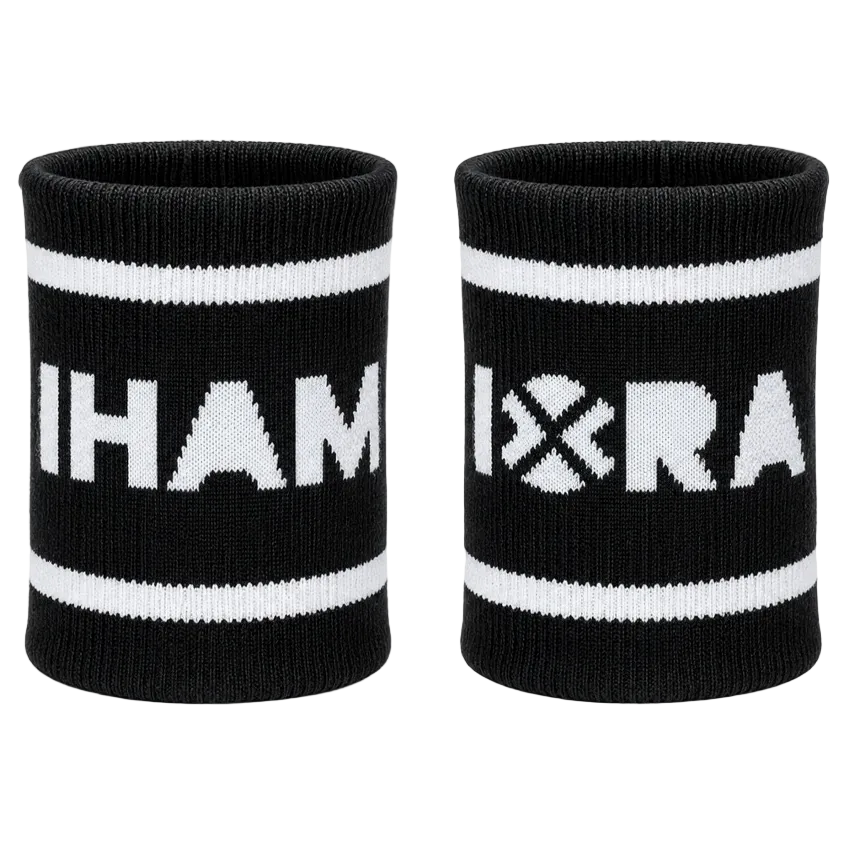 Two black wristbands with white text and stripes on a white background