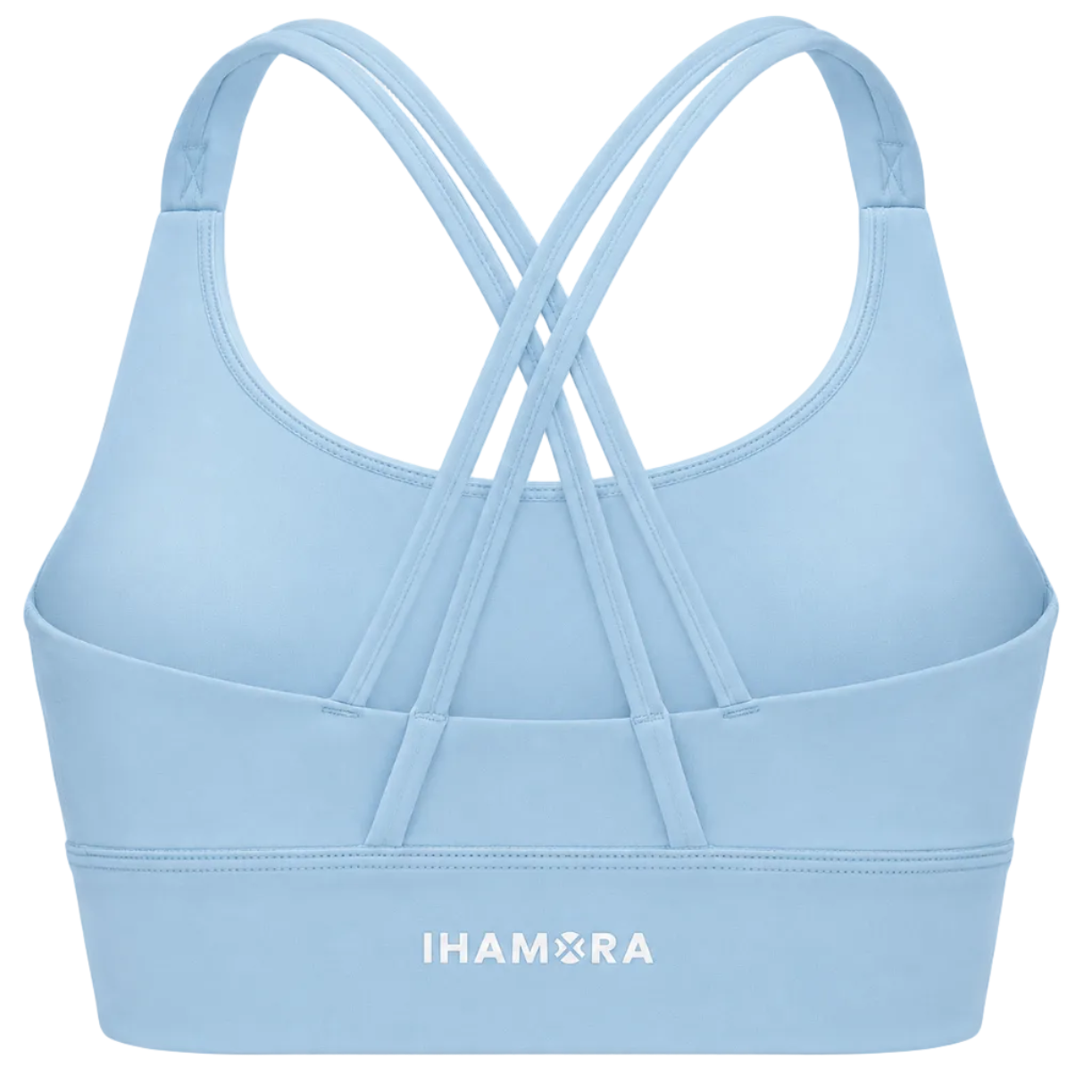 Light blue sports bra with criss-cross straps on a white background, featuring the brand 'IHAMORA'.