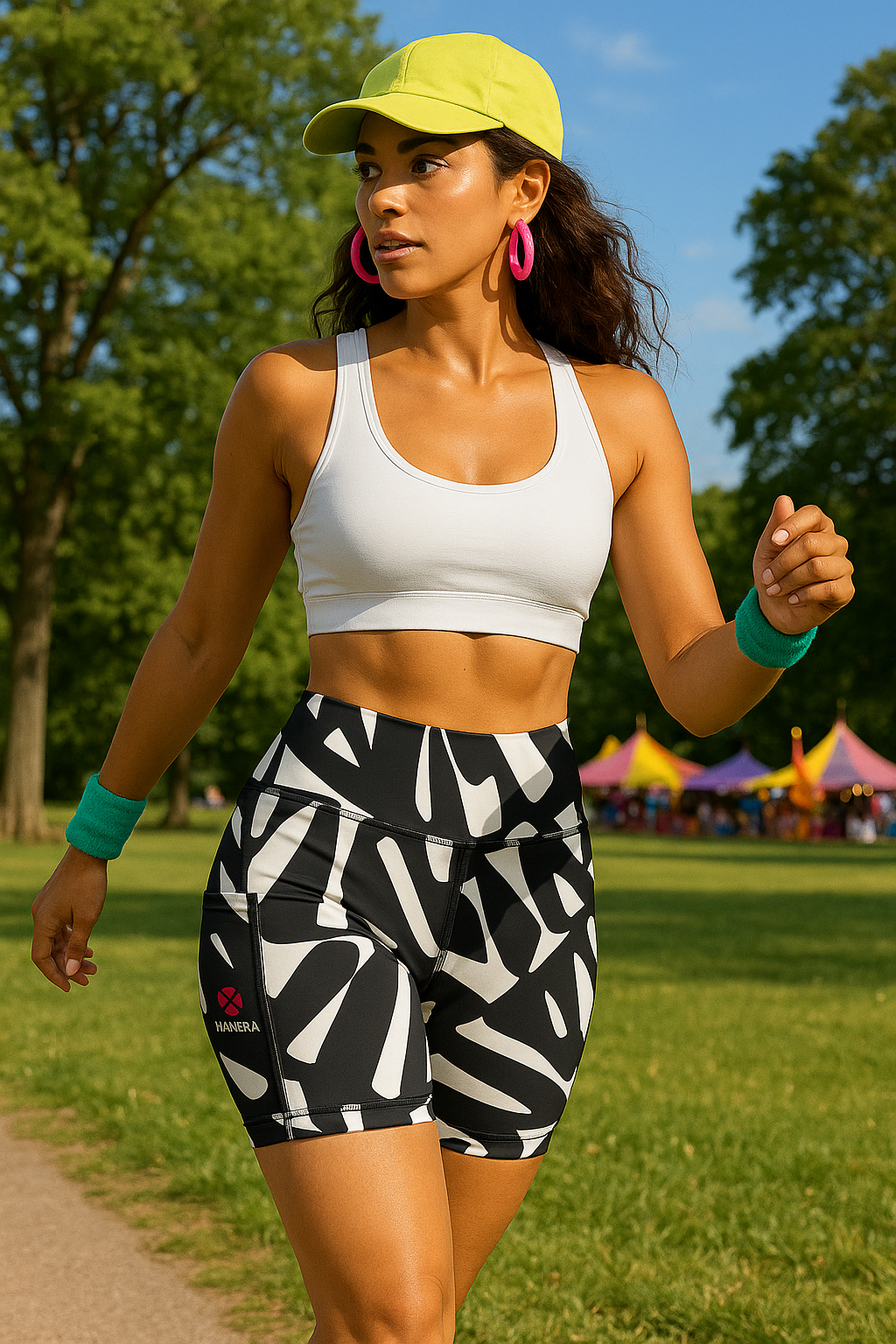 woman wearing Swirl black and white high-waisted shorts with pockets, IHAMORA women’s activewear