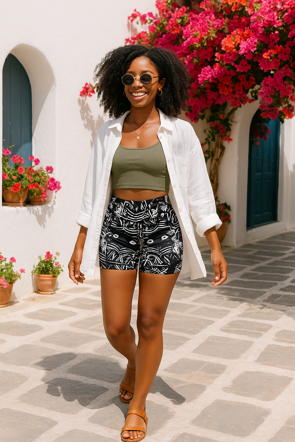 Model wearing The Head Mono black and white high-waisted shorts with pockets, IHAMORA
