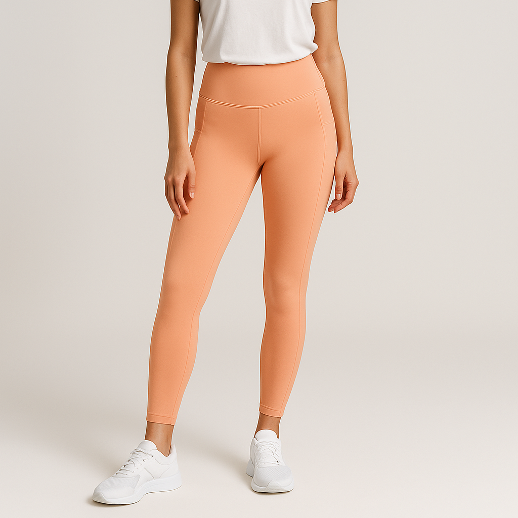 woman wearing orange Peach seamless high-waisted leggings with hip pockets, IHAMORA activewear XS–XL