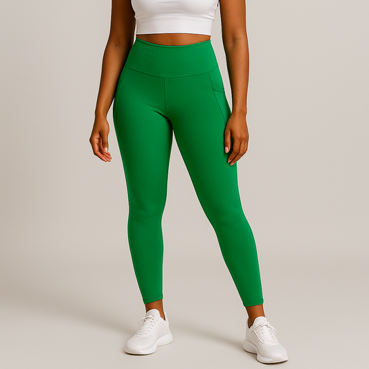 Woman wearing High-waisted vibrant green leggings with pockets on the sides, designed for comfort and style.HAMORA activewear XS–XL