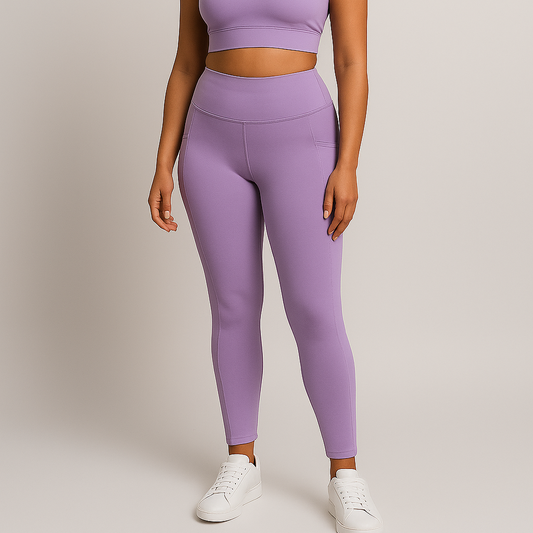Lilac high-waisted leggings with visible side pockets, IHAMORA women’s activewear XS–XL