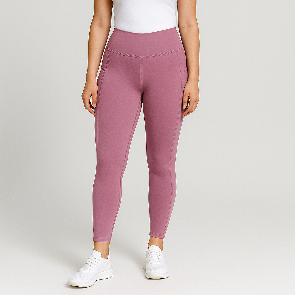 Dusky Pink high-waisted leggings with visible side pockets, IHAMORA women’s activewear XS–XL