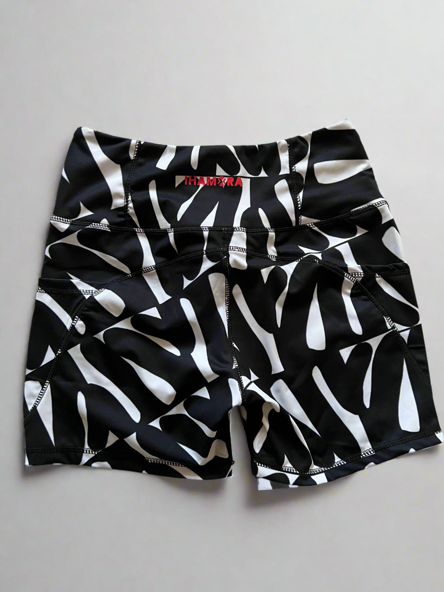 Swirl black and white high-waisted shorts with pockets, IHAMORA women’s activewear