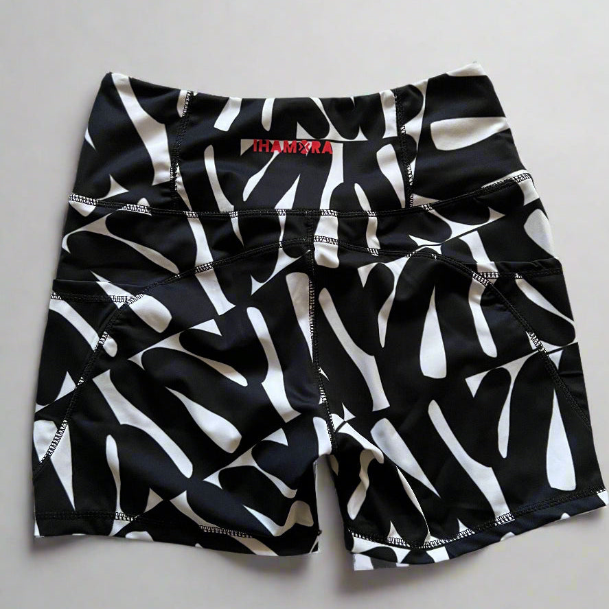 Swirl black and white high-waisted shorts with pockets, IHAMORA women’s activewear
