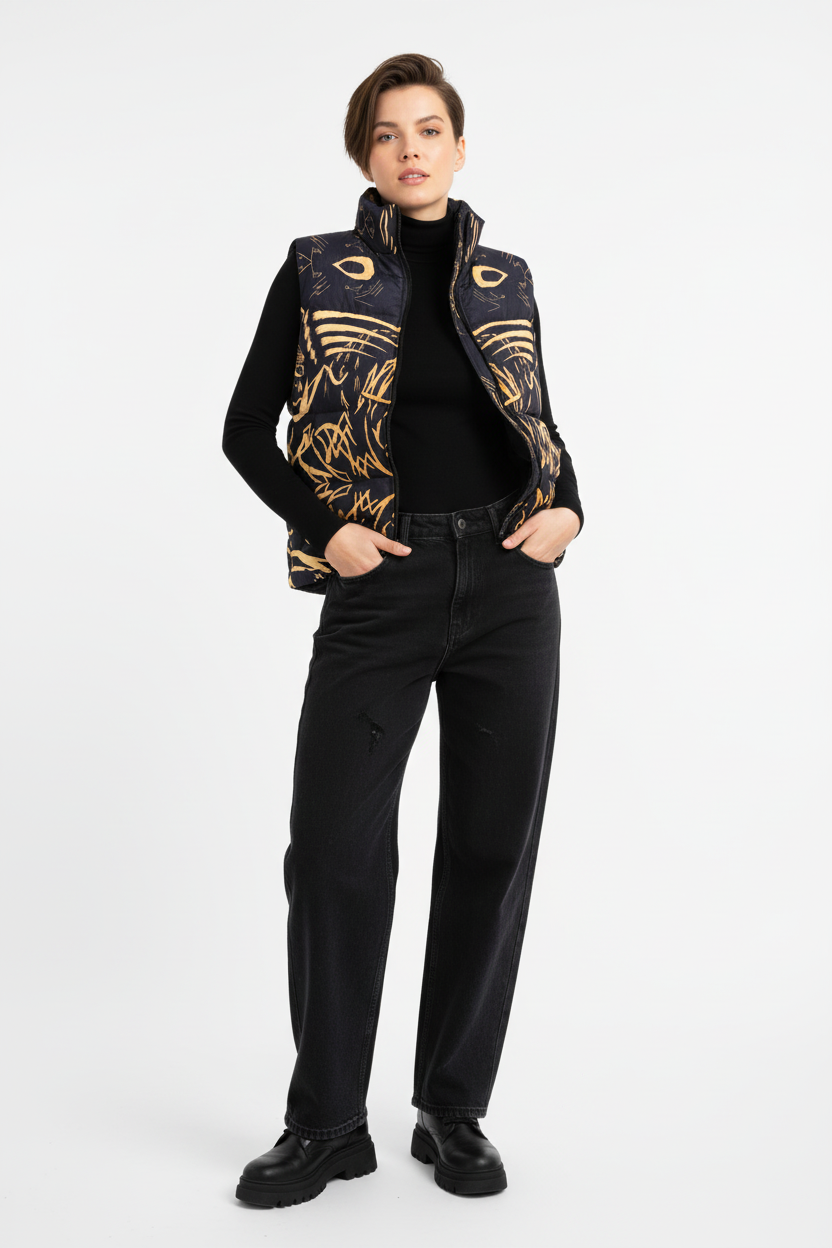 Black IHAMORA vest with gold abstract patterns on a light BLACK background