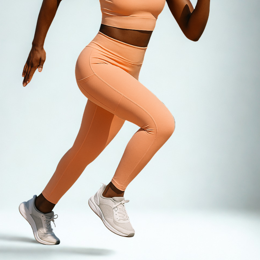 woman wearing orange Peach seamless high-waisted leggings with hip pockets, IHAMORA activewear XS–XL