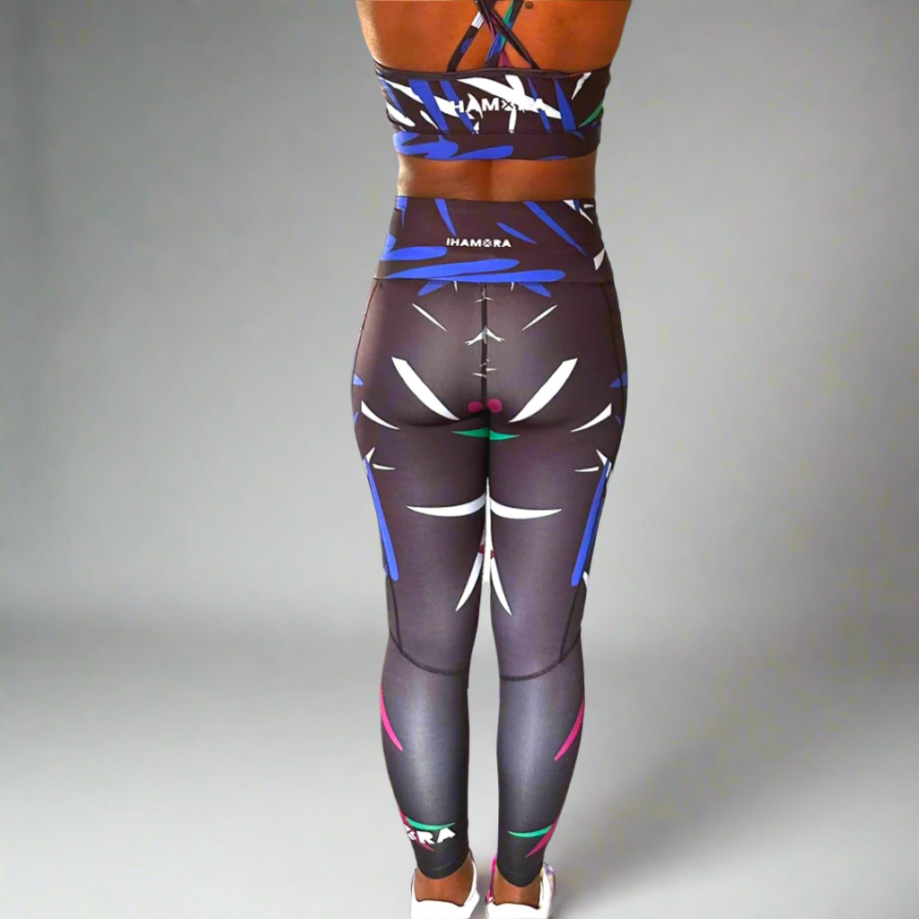 Model wearing IHAMORA Bamboo Leggings with colourful bamboo print and seamless fit.