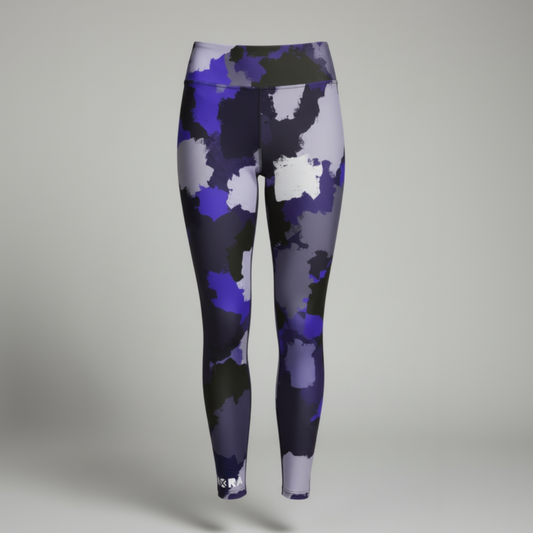 Purple and black patterned leggings on a gray background