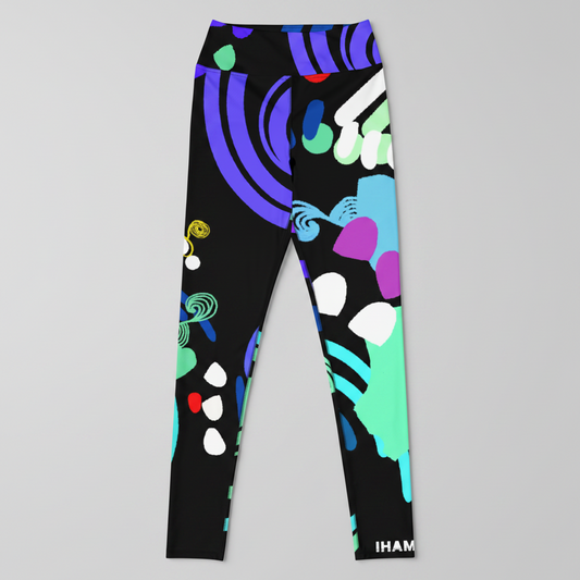 Colorful patterned leggings with abstract designs on a white background