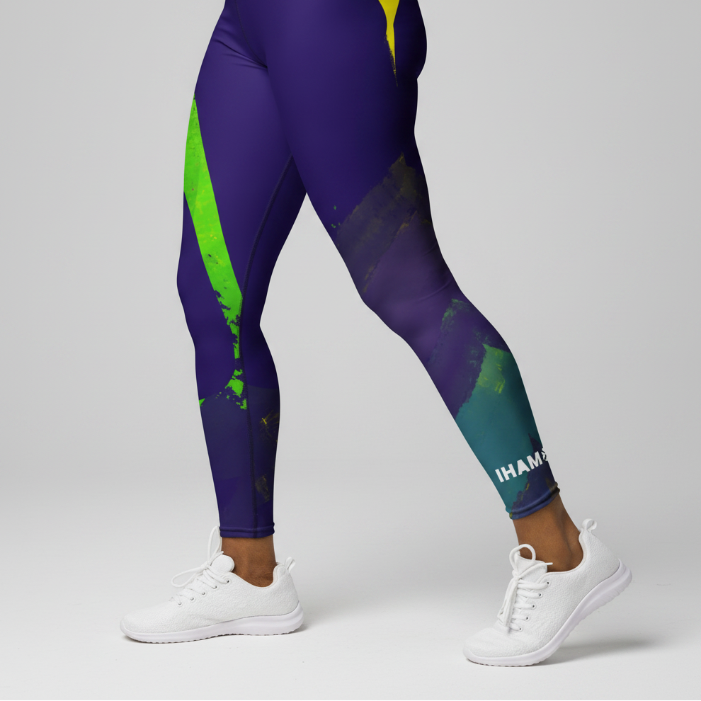 Purple and green leggings with white sneakers on a white background