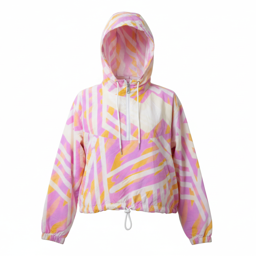 Colourful pink patterned IHAMORA lightweight jacket on a white background