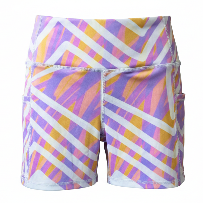 Colorful geometric-patterned shorts on a white background