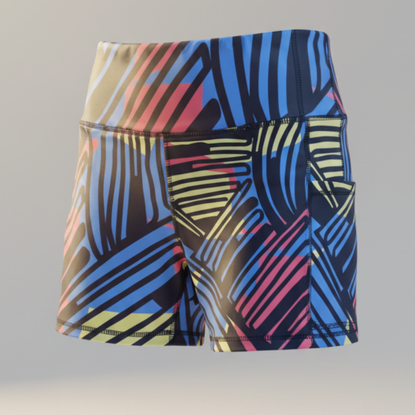 Colorful swim shorts with abstract pattern on a gray background