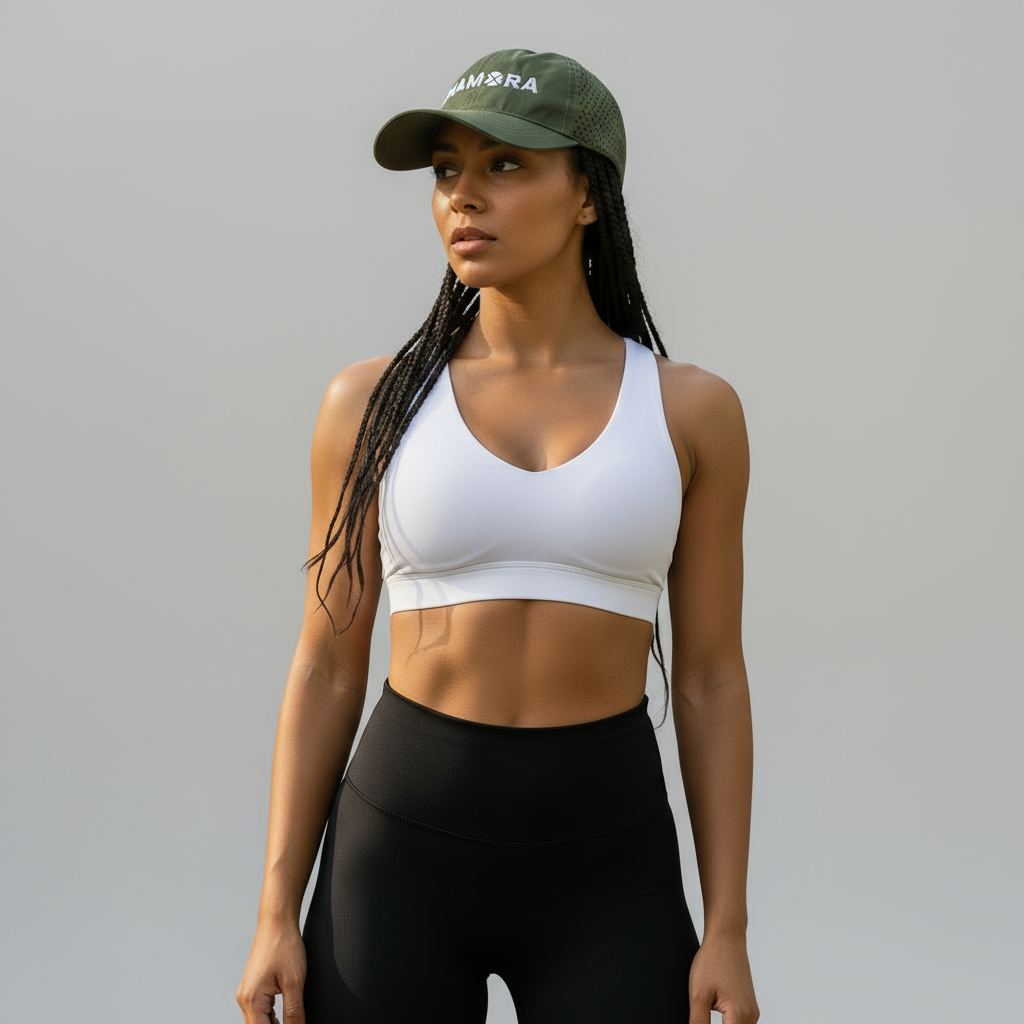 Woman in athletic wear standing on a path with trees in the background. wearing IHAMORA cap