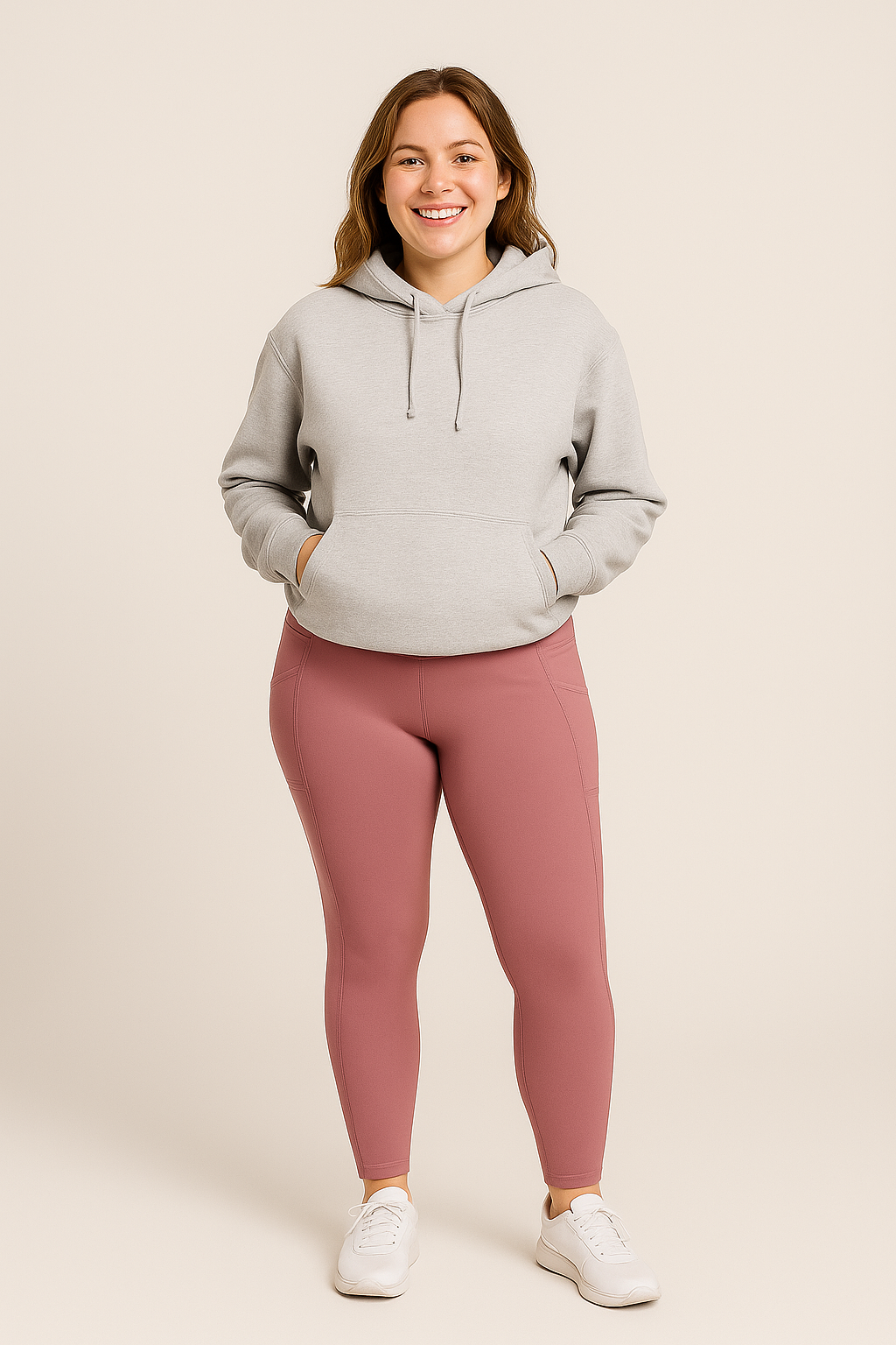 Dusky Pink high-waisted leggings with visible side pockets, IHAMORA women’s activewear XS–XL