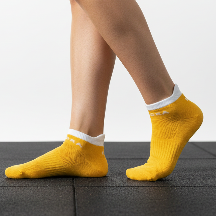 Pair of yellow socks with white tops on a white background