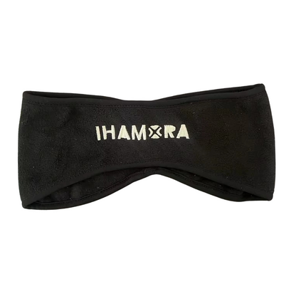 A black fleece headband with the brand name 'IHAMORA' printed on the front.