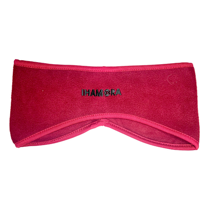 A red fleece headband with the brand name 'IHAMORA' printed on the front.