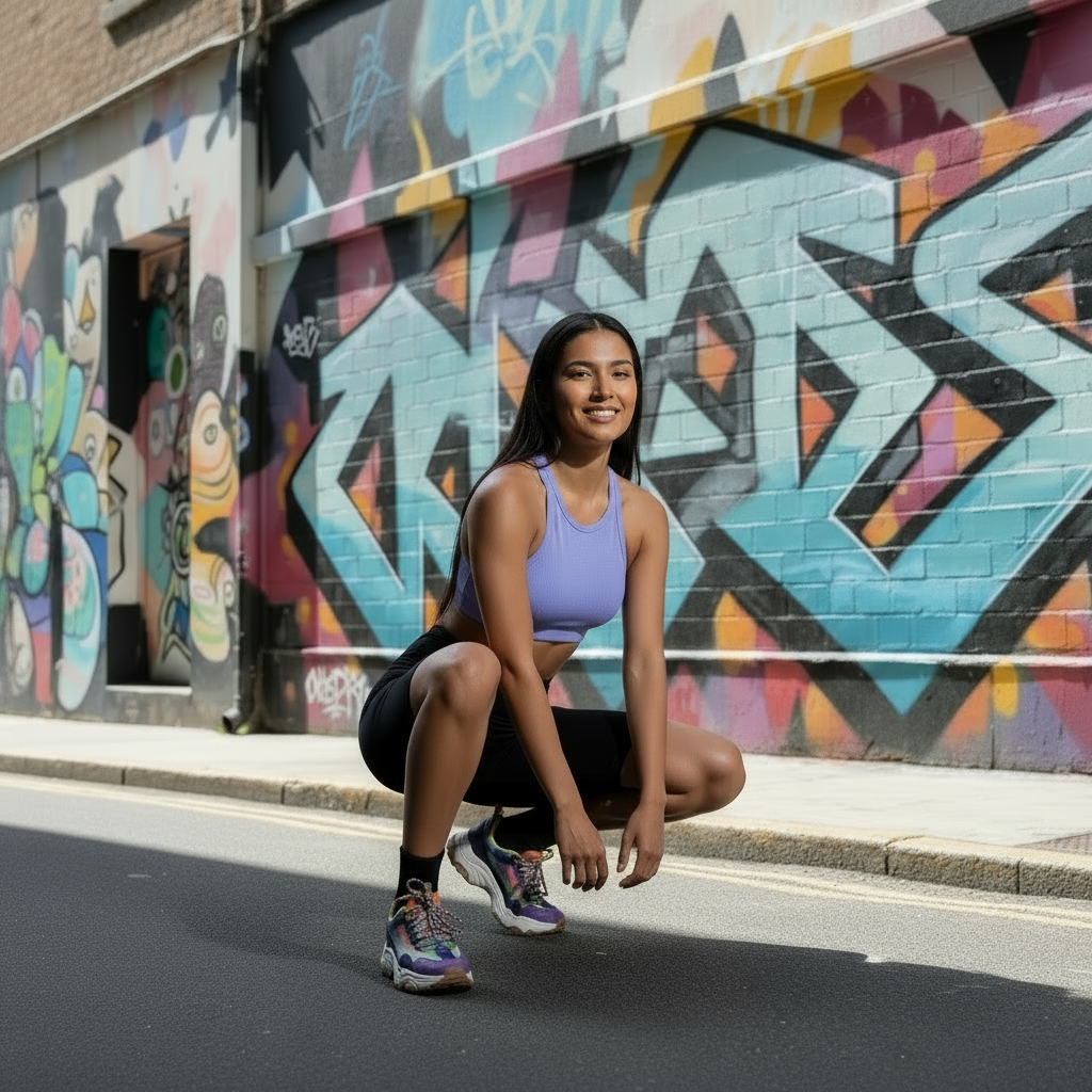 Woman squatting in front of a colorful graffiti wall