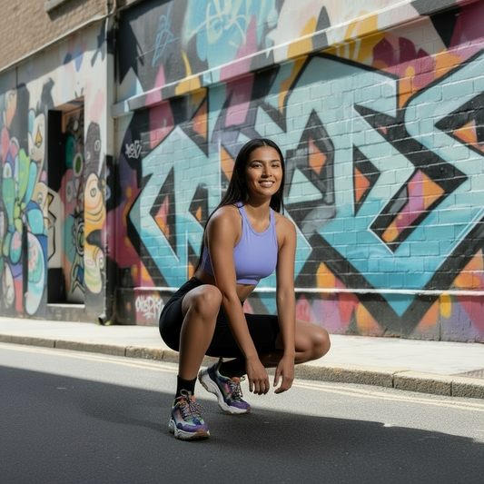 Woman squatting in front of a colorful graffiti wall