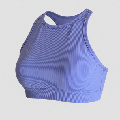 Blue ribbed sports bra on a light gray background