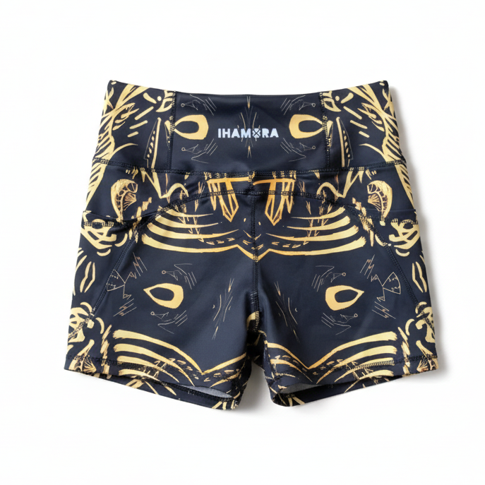 Black high waist IHAMORA shorts with gold patterns