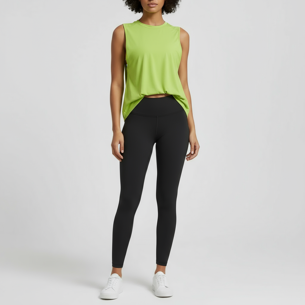 A woman wearing a lime green loose-fit workout vest with dropped armholes, featuring the IHAMORA logo on the back.