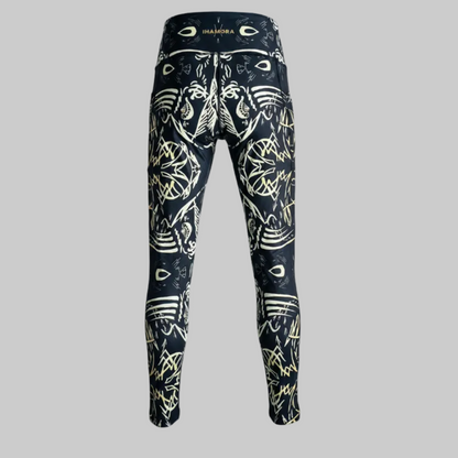 Patterned leggings with a brand logo on a white background