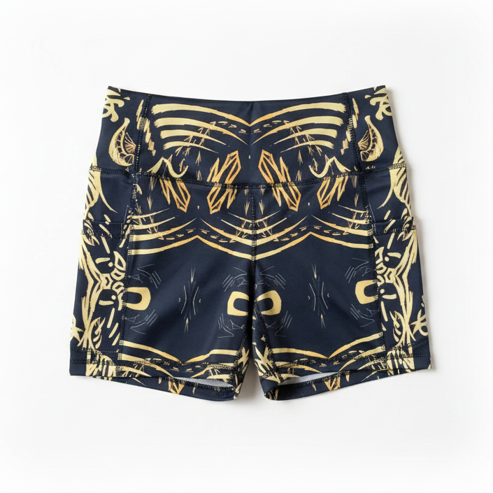 Black high waist IHAMORA shorts with gold abstract patterns