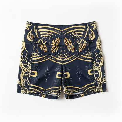 Black high waist IHAMORA shorts with gold abstract patterns