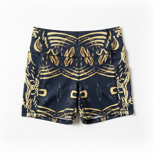 Black high waist IHAMORA shorts with gold abstract patterns
