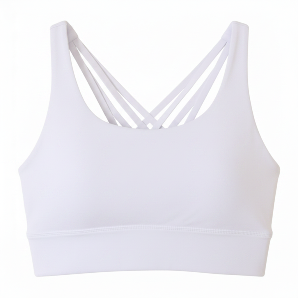 White sports bra with criss-cross straps on a white background