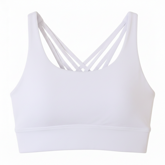 White sports bra with criss-cross straps on a white background