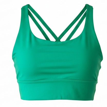 Green sports bra with thin straps on a white background