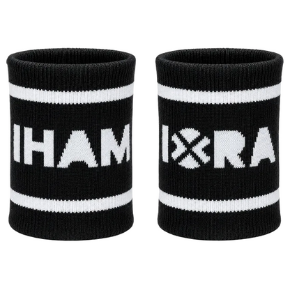 Two black wristbands with white text and stripes on a white background