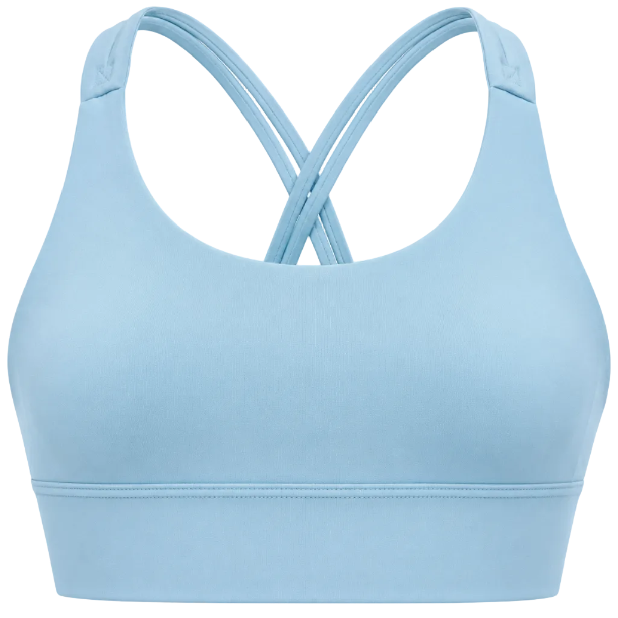 Light blue sports bra with criss-cross straps on a white background