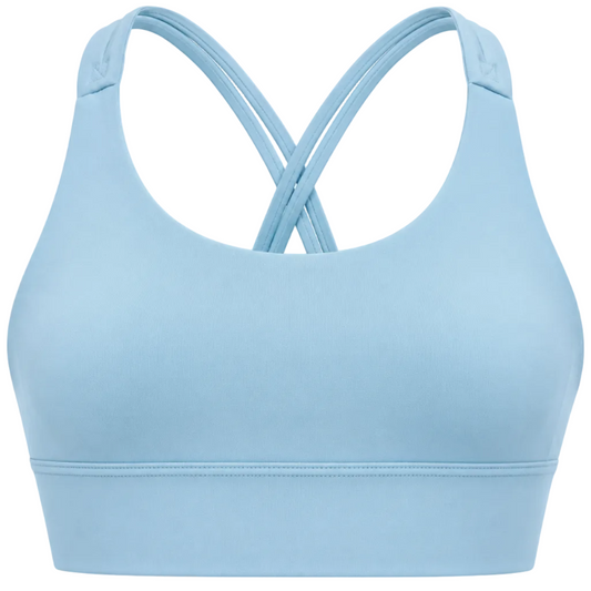 Light blue sports bra with criss-cross straps on a white background