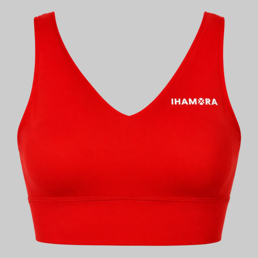 Red sports bra with 'IHAMORA' logo on a white background