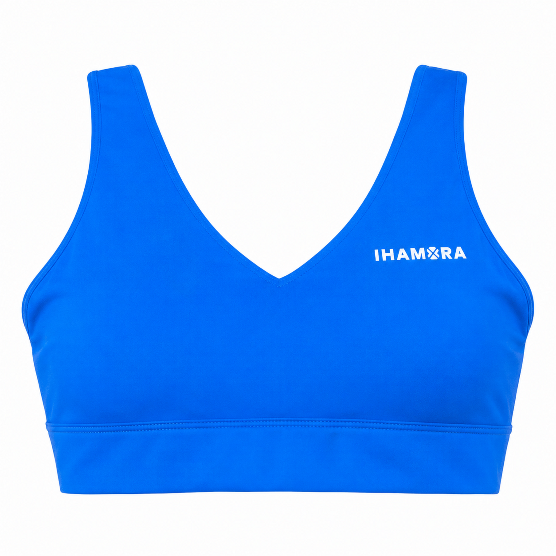 Blue sports bra with 'IHAMORA' branding on a white background