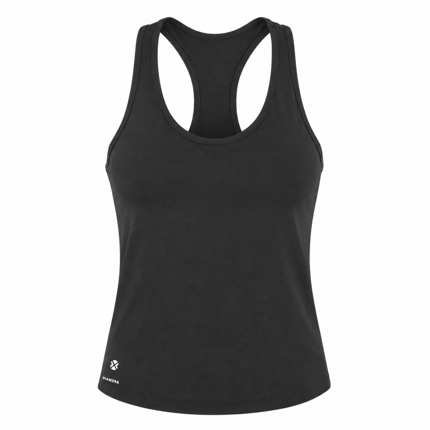Black tank top with a brand logo on a white background