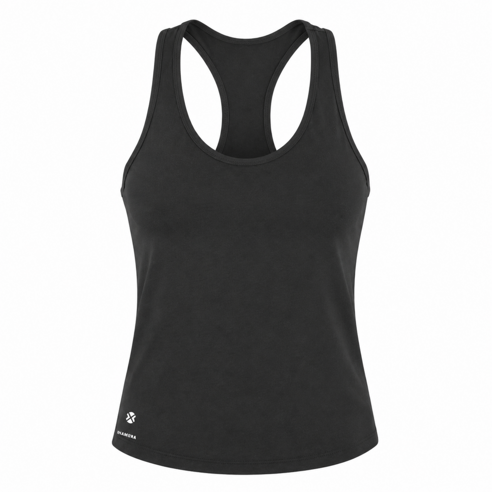 Black tank top with a brand logo on a white background
