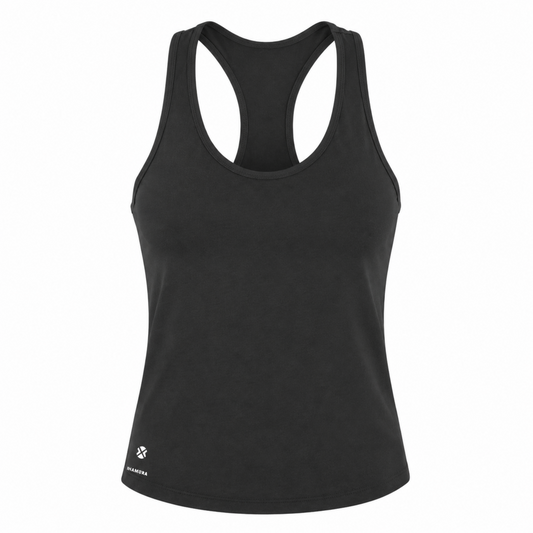 Black tank top with a brand logo on a white background