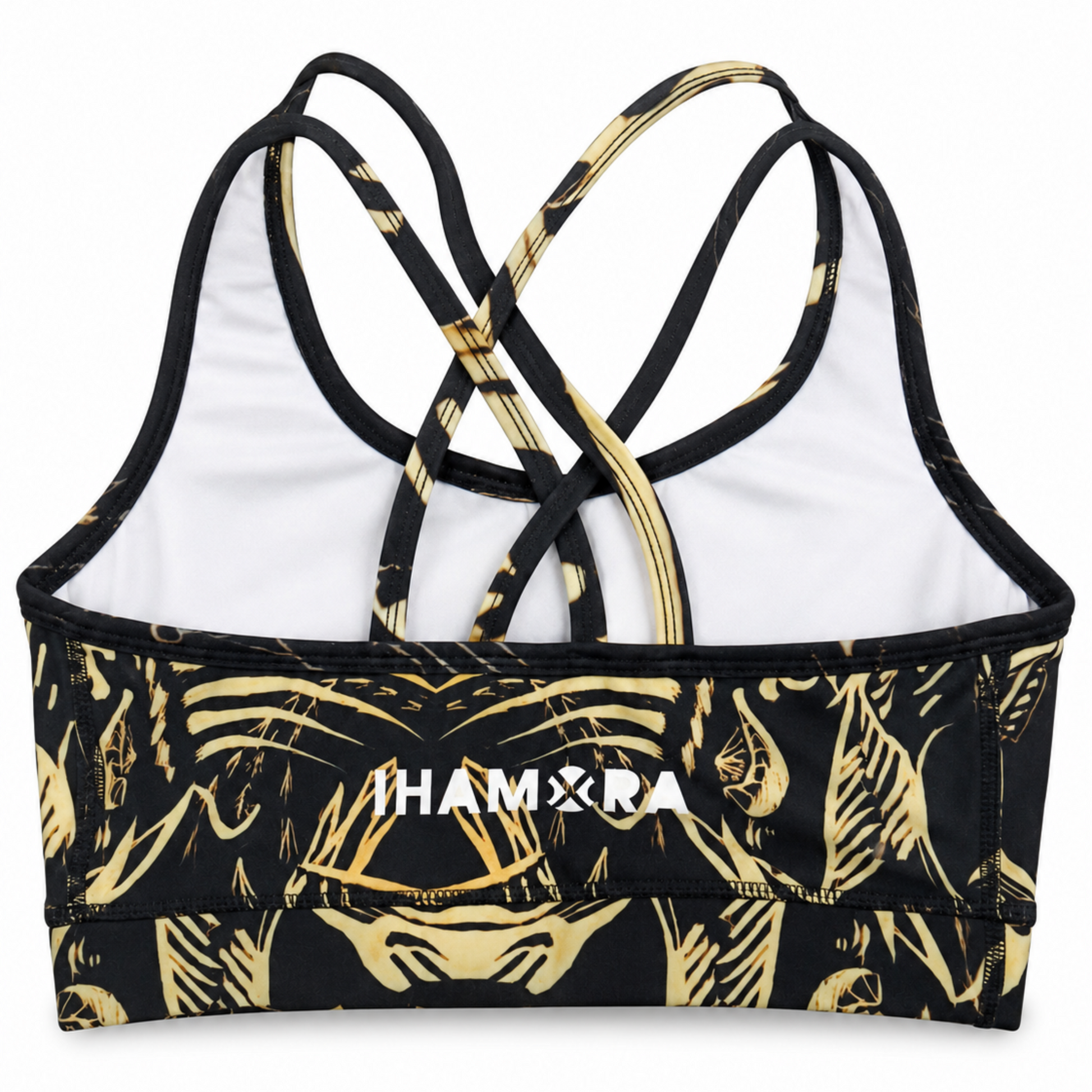 Black and gold sports bra with 'HAMXA' branding on a white background