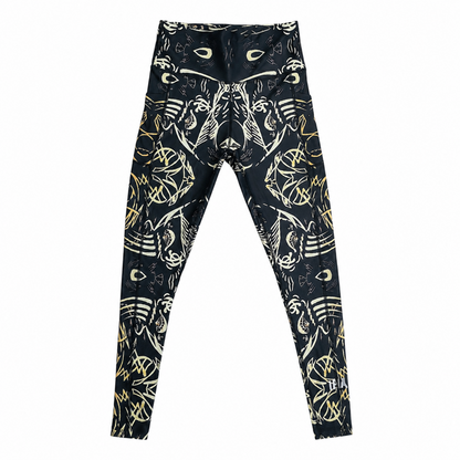 Black leggings with gold and white abstract pattern on a white background