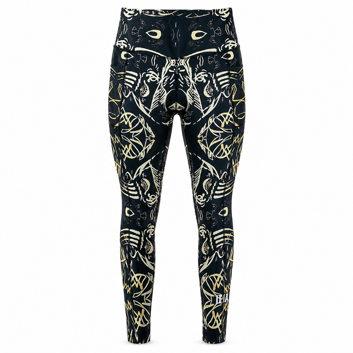 Black leggings with gold animal pattern on a white background